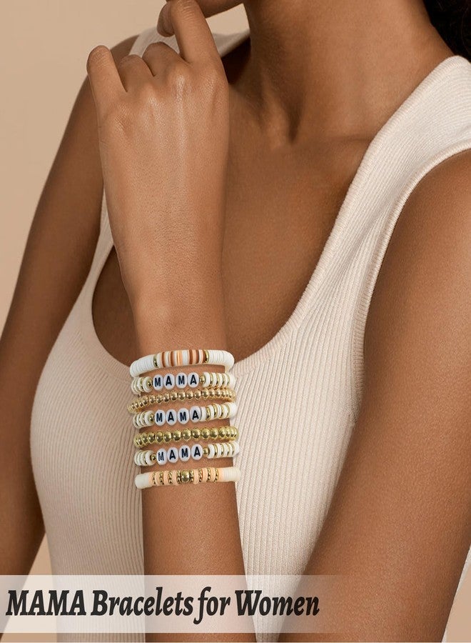 WYVAS MAMA Beaded Stretch Bracelets for Women Bohemian Summer Beach Stackable Polymer Clay Gold Beaded Stretch Bracelets Elastic Layering Friendship Boho Bracelets Set Christmas (10 Pcs) - Image 2